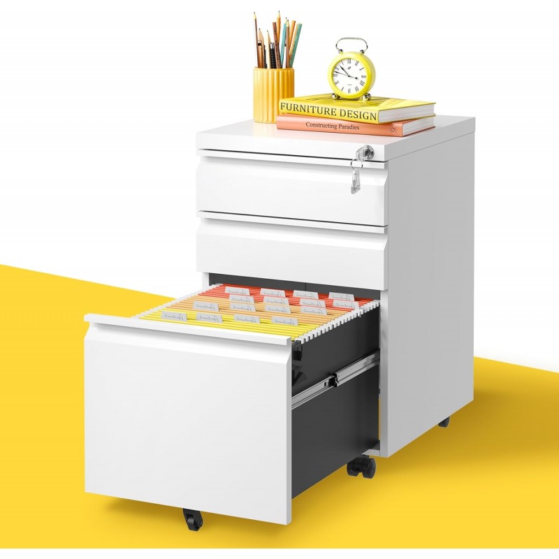 3 Drawer Mobile File Cabinet, White Metal Under De...