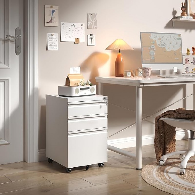 3 Drawer Mobile File Cabinet, White Metal Under De...