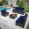 6 Pieces Outdoor Patio Furniture Set, Wicker Patio Conversation Set Sectional Sofa, Brown Patio Sofa with 5 Navy Blue Seat Cushions and 1 Glass Coffee Table