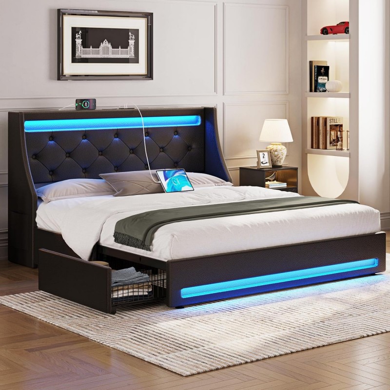 Queen Bed Frame with LED Lights and Charging Stati...