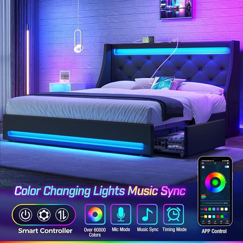 Queen Bed Frame with LED Lights and Charging Stati...