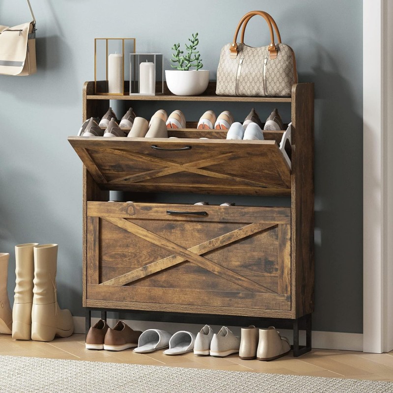 Shoe Storage Cabinet with 2 Flip Drawers, Freestan...