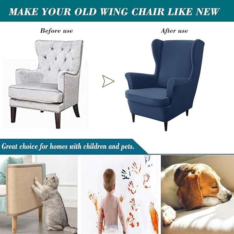 Wingback Chair Covers, 2 Piece Stretch Velvet Wing...