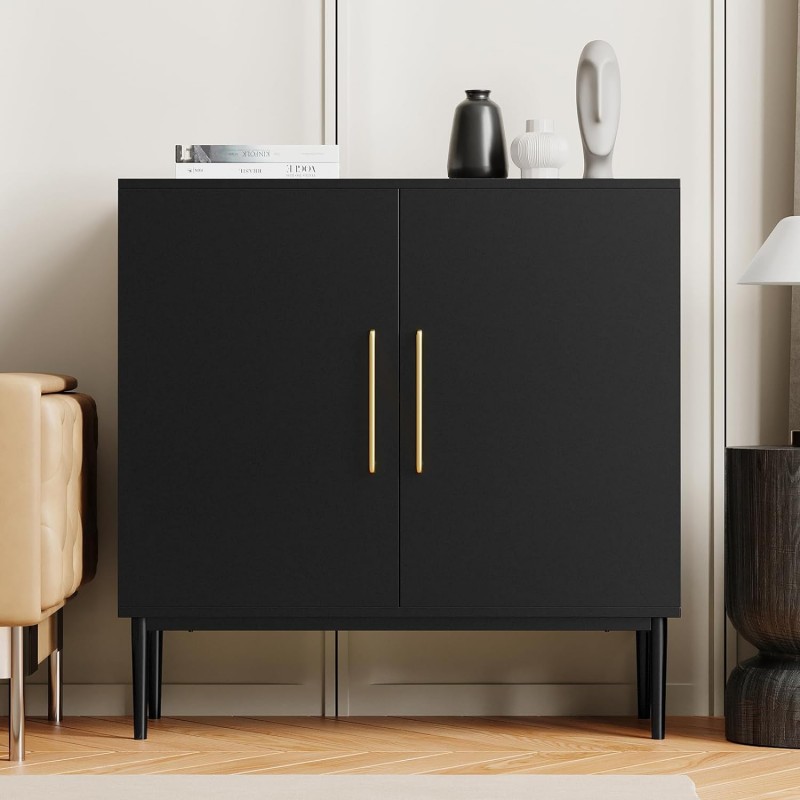 Storage Cabinet with Doors, Modern Black Accent Ca...