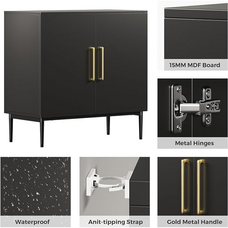 Storage Cabinet with Doors, Modern Black Accent Ca...